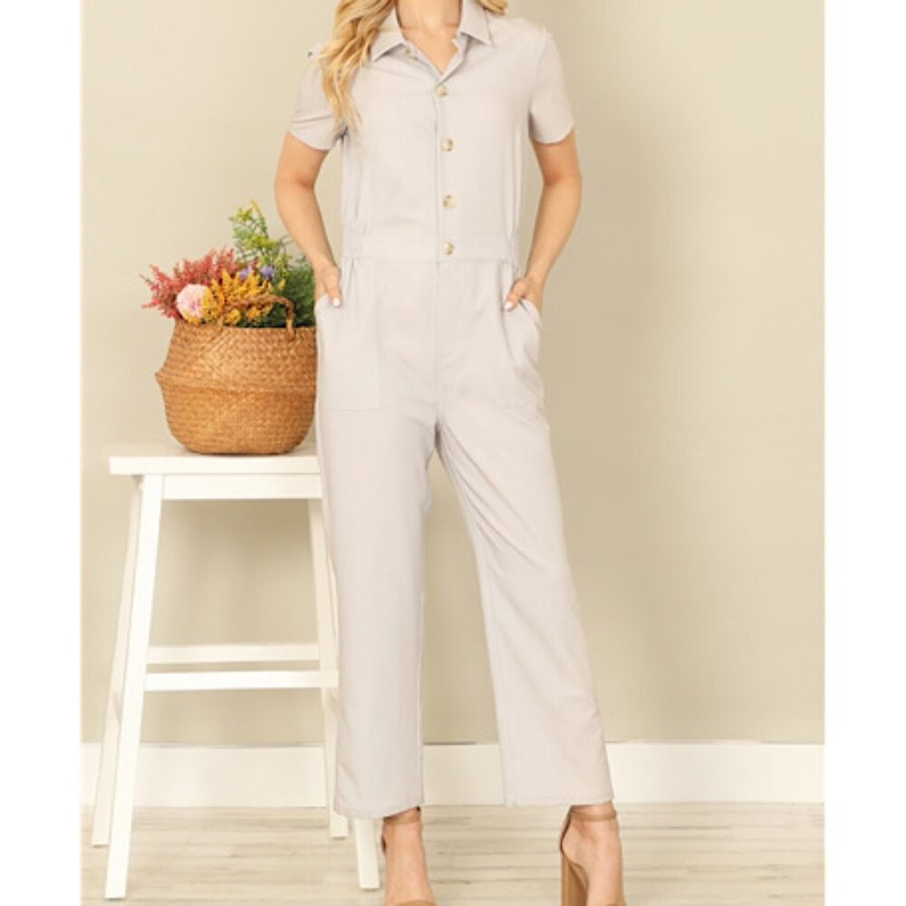 NWT LT Grey Solid Short Sleeve Collared Ankle Jumpsuit with Side Pockets  Y2K